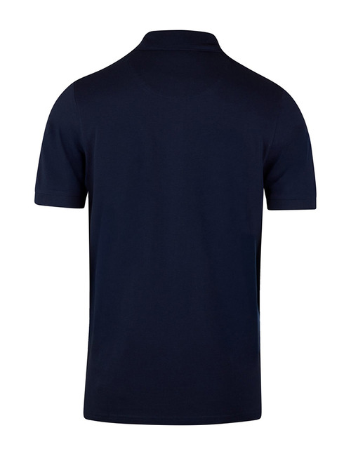Donkerblauwe piqué polo met contrasterende kraag en parelmoer knopen