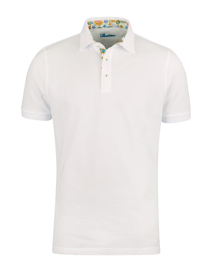 Witte piqué polo met contrasterende kraag en parelmoer knopen