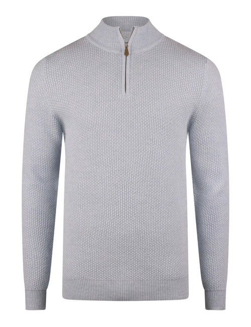  Lichtblauwe half-zip trui in 100% merinowol met structuurbrei
