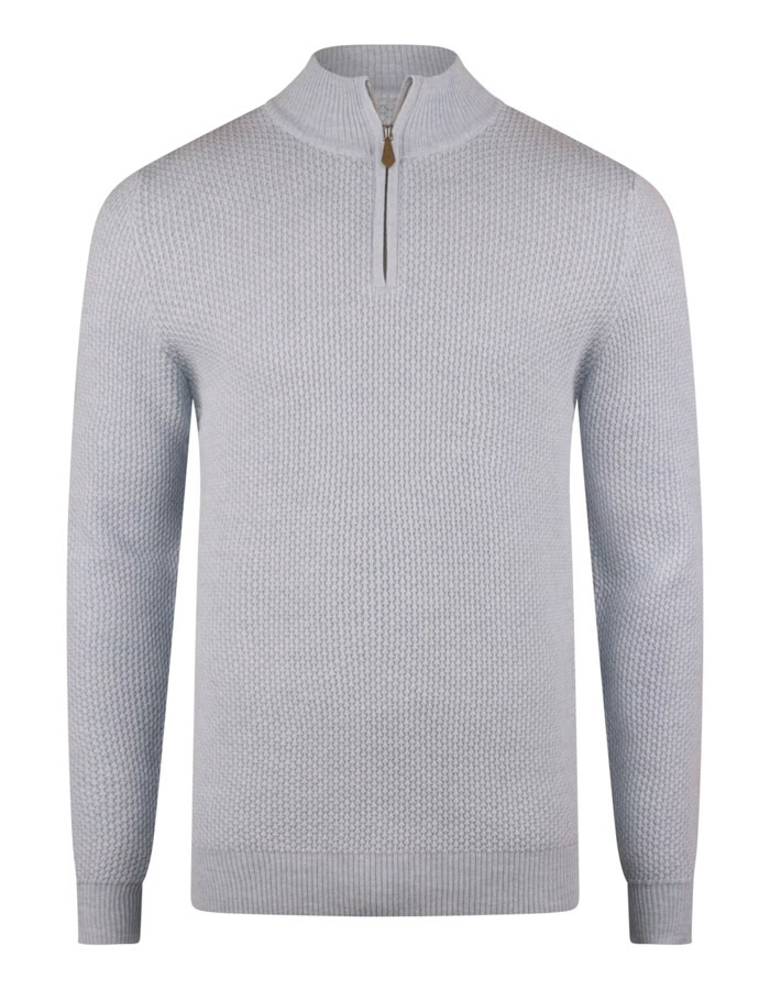  Lichtblauwe half-zip trui in 100% merinowol met structuurbrei