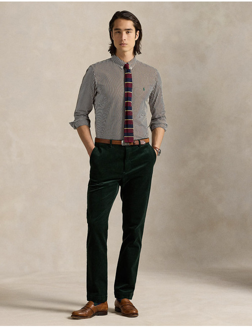 Slim Fit gestreept stretch popeline overhemd in Copper Brown White met geborduurd pony-logo