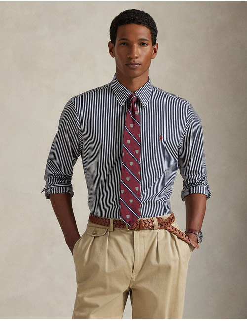 Slim Fit gestreept stretch popeline overhemd in Newport Navy White met geborduurd pony-logo