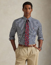 Slim Fit gestreept stretch popeline overhemd in Newport Navy White met geborduurd pony-logo