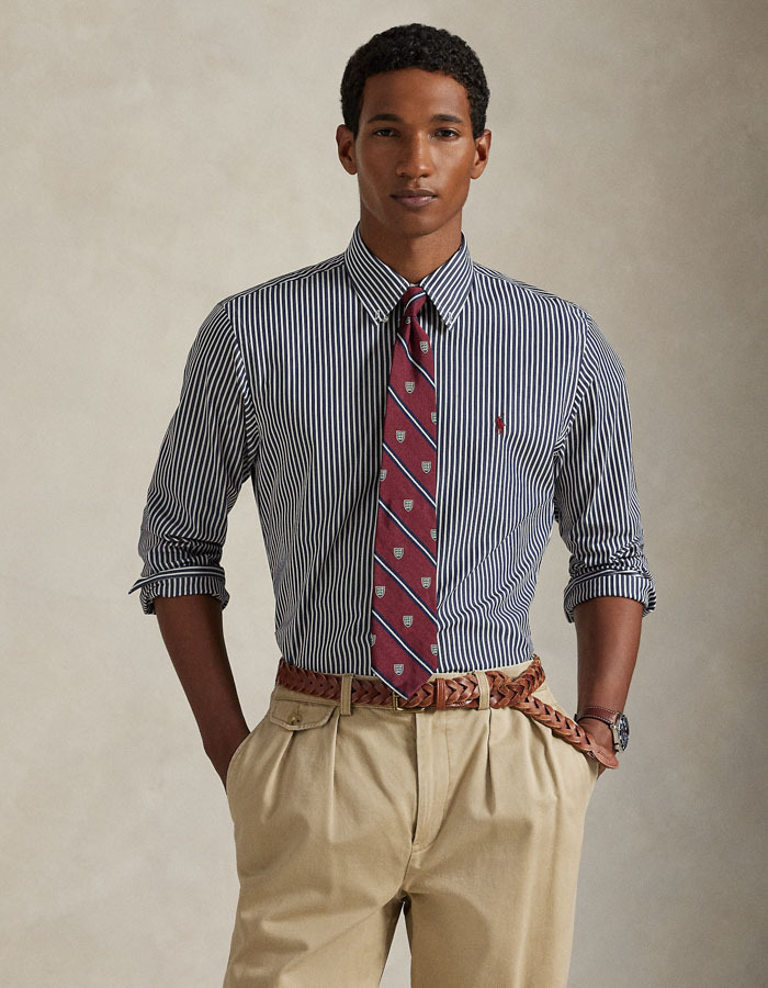 Slim Fit gestreept stretch popeline overhemd in Newport Navy White met geborduurd pony-logo