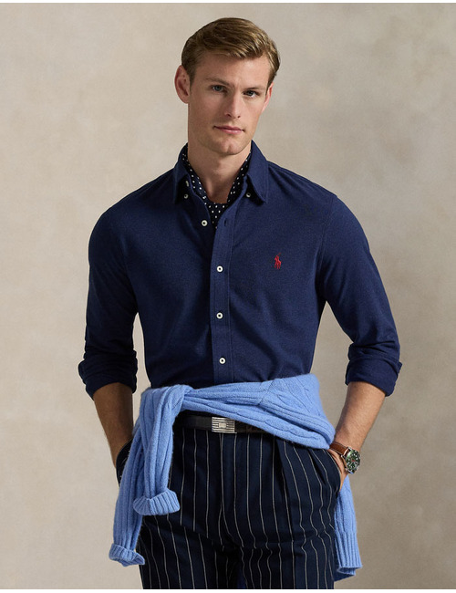  Featherweight mesh overhemd in Spring Navy Heather met geborduurd pony-logo