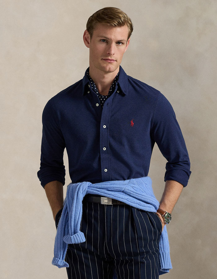  Featherweight mesh overhemd in Spring Navy Heather met geborduurd pony-logo