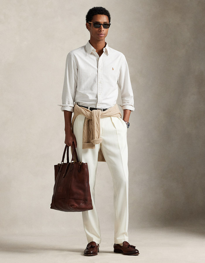 Slim Fit gestreept oxford overhemd in Coastal Beige/White met multicolor Pony-logo