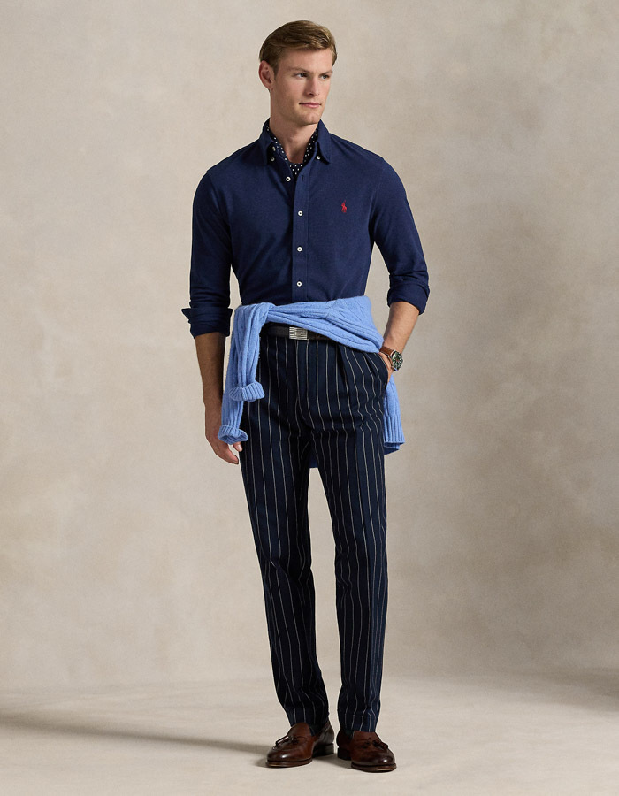  Featherweight mesh overhemd in Spring Navy Heather met geborduurd pony-logo