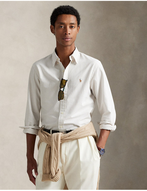 Slim Fit gestreept oxford overhemd in Coastal Beige/White met multicolor Pony-logo