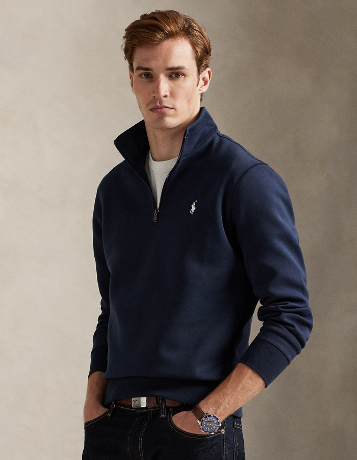 Double-knit quarter-zip pullover in Aviator Navy met geborduurd pony-logo