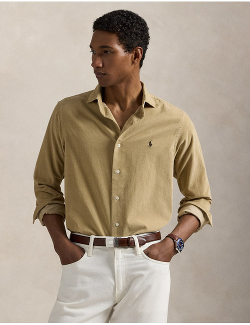 Custom Fit corduroy overhemd in Coastal Beige met geborduurd pony-logo