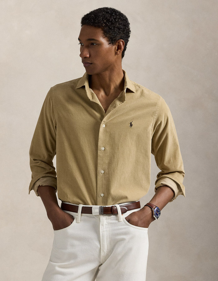  Custom Fit corduroy overhemd in Coastal Beige met geborduurd pony-logo