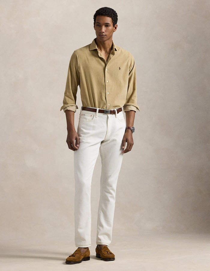  Custom Fit corduroy overhemd in Coastal Beige met geborduurd pony-logo