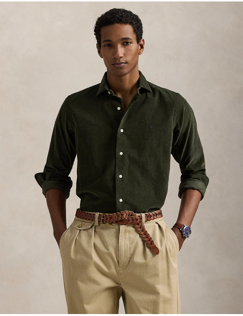 Custom Fit corduroy overhemd in Estate Olive met geborduurd pony-logo