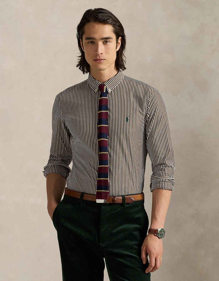 Slim Fit gestreept stretch popeline overhemd in Copper Brown White met geborduurd pony-logo