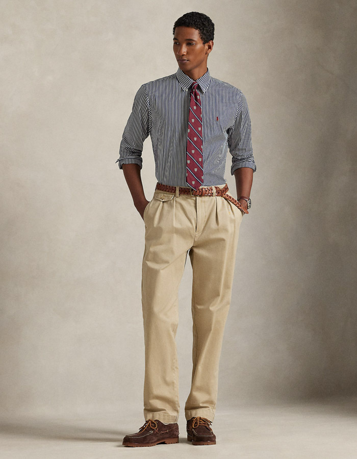 Slim Fit gestreept stretch popeline overhemd in Newport Navy White met geborduurd pony-logo