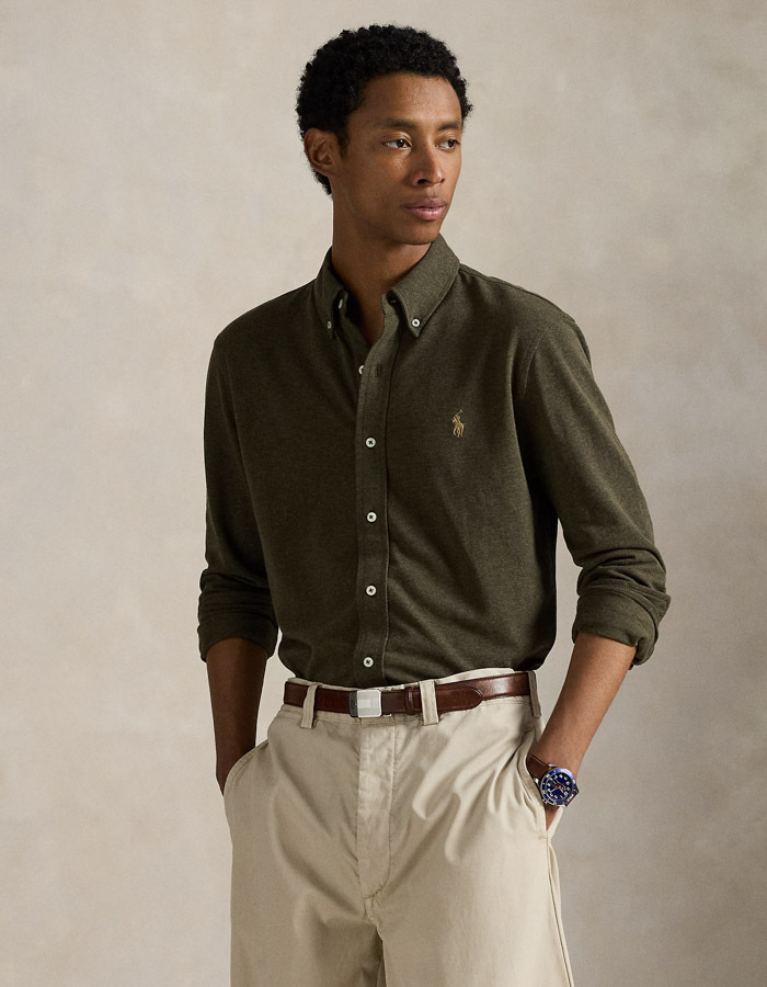  Featherweight mesh overhemd in Wilson Olive Heather met geborduurd pony-logo