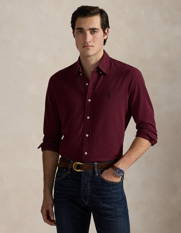 Featherweight mesh overhemd in Spring Wine Heather met geborduurd pony-logo