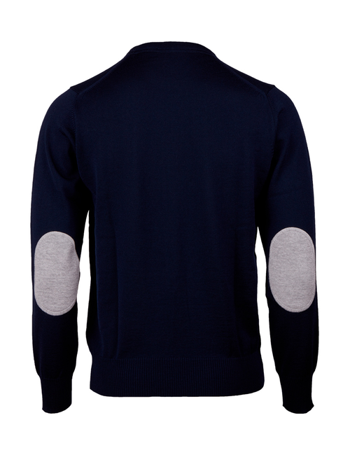 Merino wool crewneck trui – Navy met elbow patches