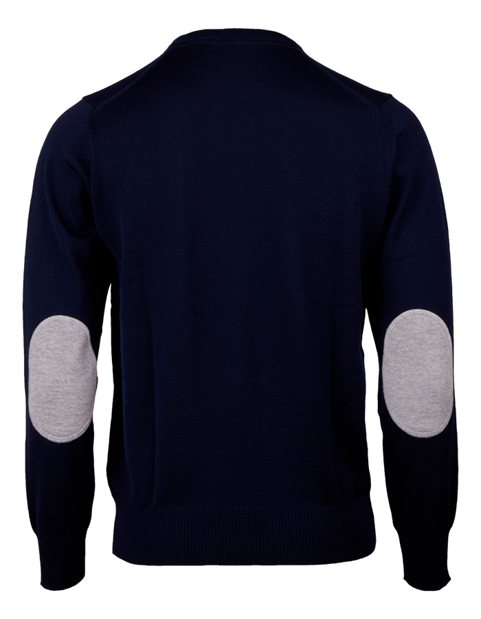 Merino wool crewneck trui – Navy met elbow patches