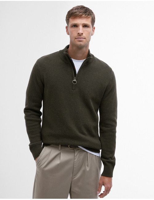 Wollen trui met halve rits en tartan elbow patches