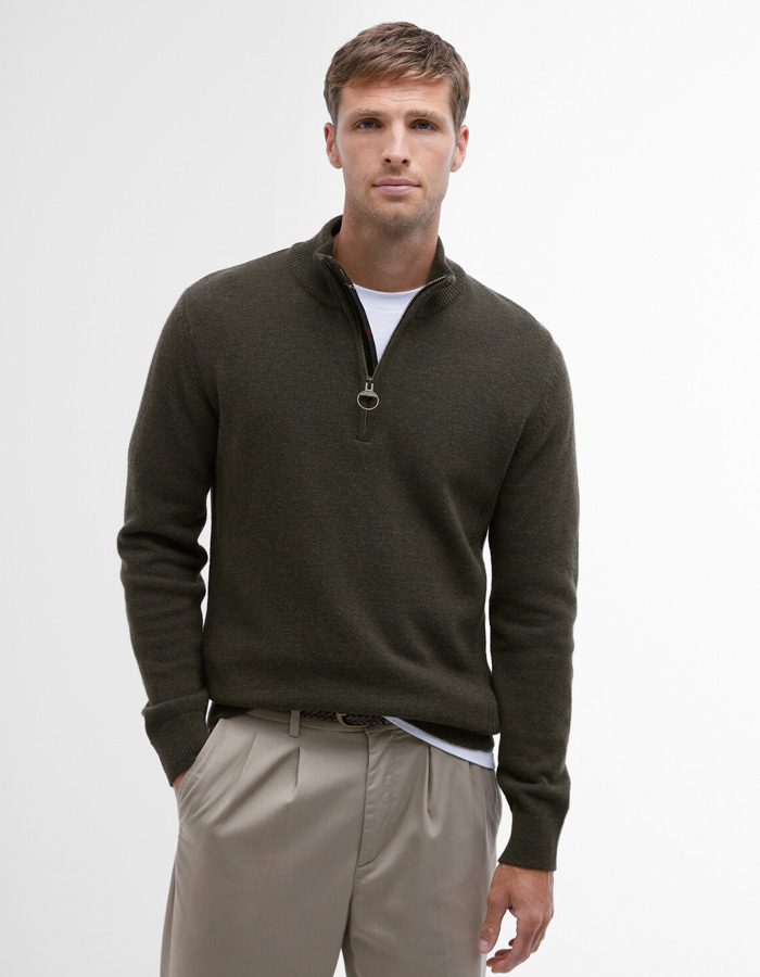 Wollen trui met halve rits en tartan elbow patches
