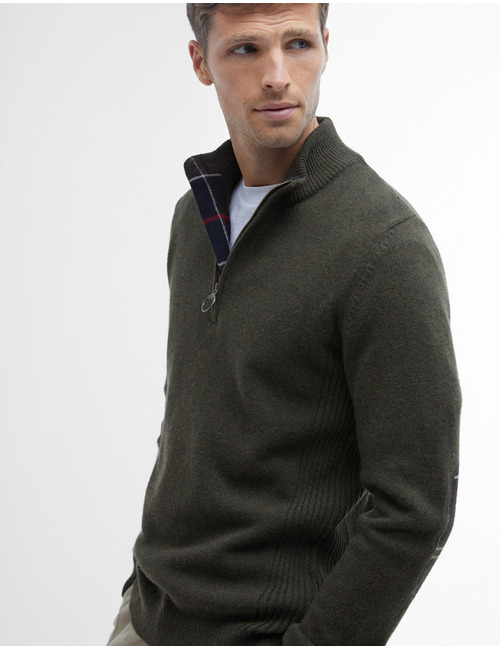 Wollen trui met halve rits en tartan elbow patches