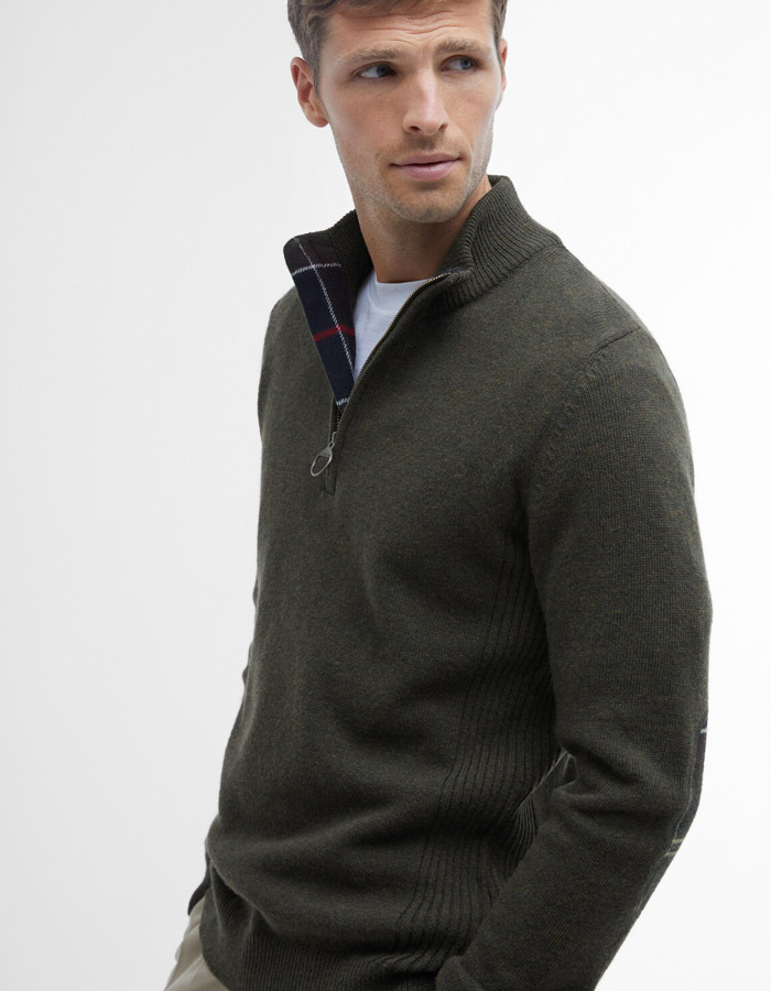 Wollen trui met halve rits en tartan elbow patches