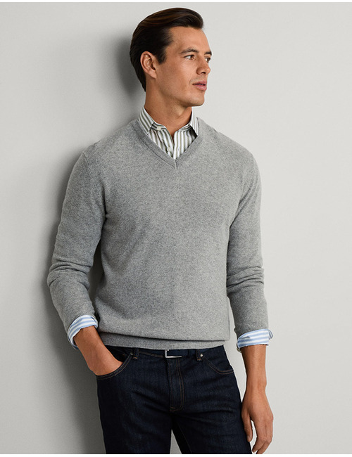 Merino Wool Blend V-Neck Jumper in Metal Grey – Regular Fit