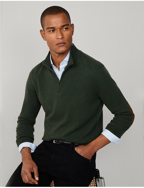 Merino Wool Blend Quarter Zip Jumper in Duck Green – Regular Fit
