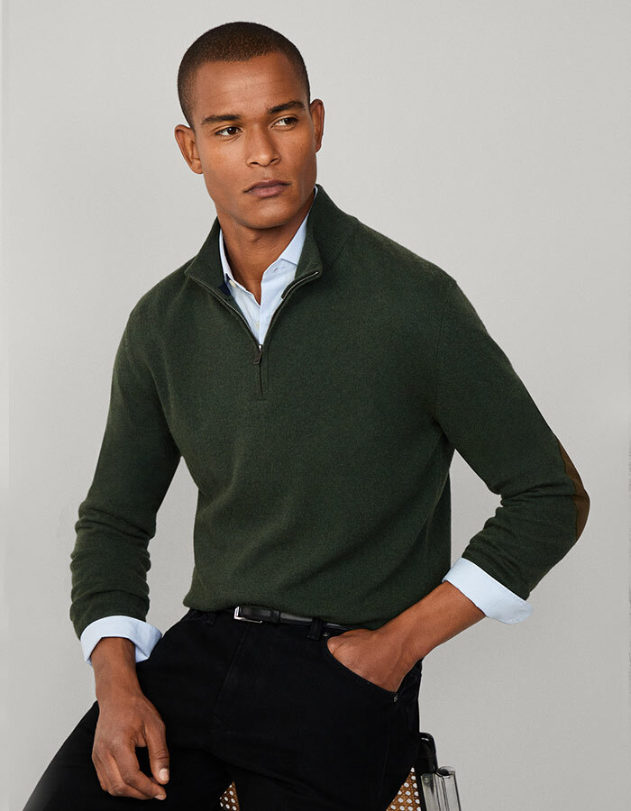 Merino Wool Blend Quarter Zip Jumper in Duck Green – Regular Fit