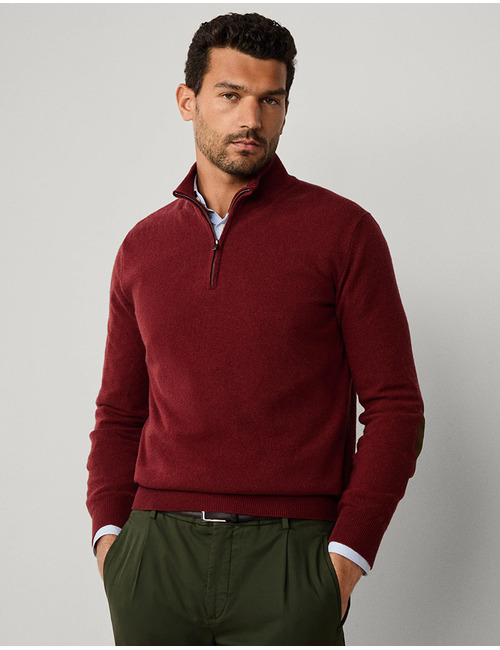 Merino Wool Blend Quarter Zip Jumper in Burgundy Red – Regular Fit