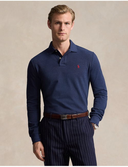 Custom Slim Fit Mesh Polo met Lange Mouwen in Spring Navy Heather