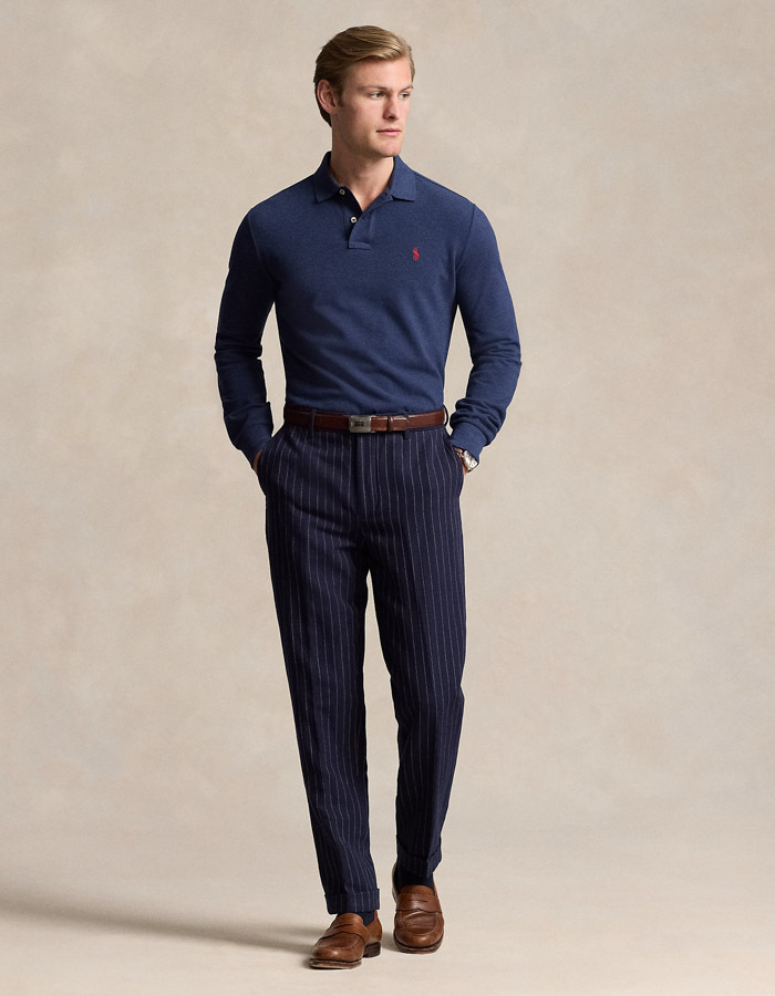 Custom Slim Fit Mesh Polo met Lange Mouwen in Spring Navy Heather