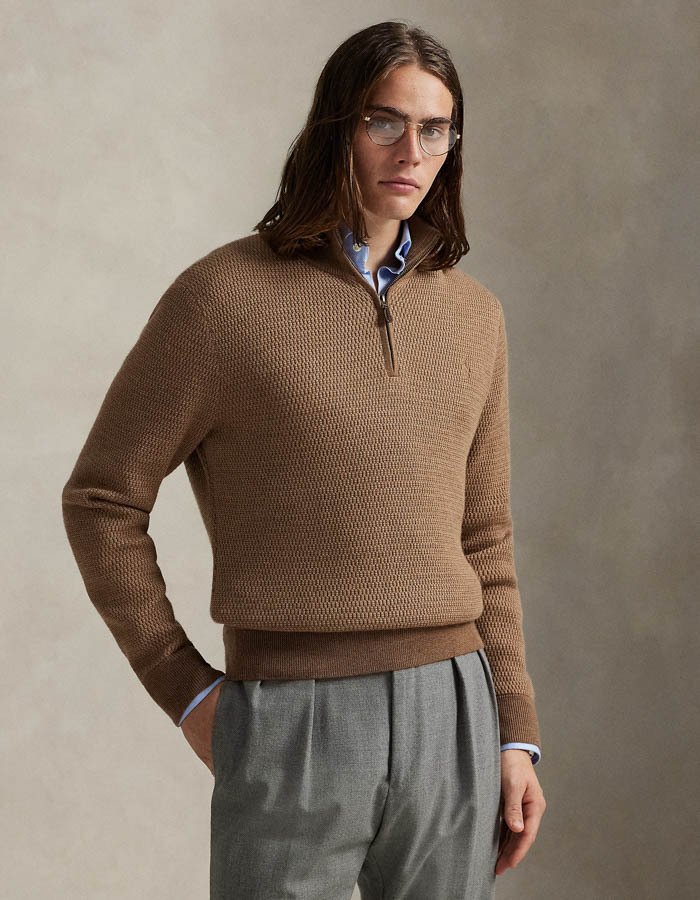 Regular Fit Quarter-Zip Sweater in Camel Combo