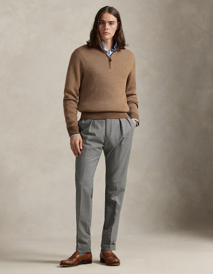Regular Fit Quarter-Zip Sweater in Camel Combo
