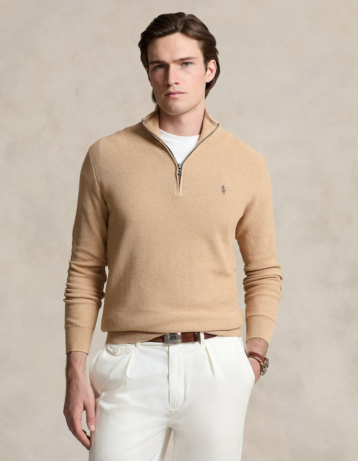 Quarter-Zip Mesh Knit Sweater in Camel Melange – Regular Fit
