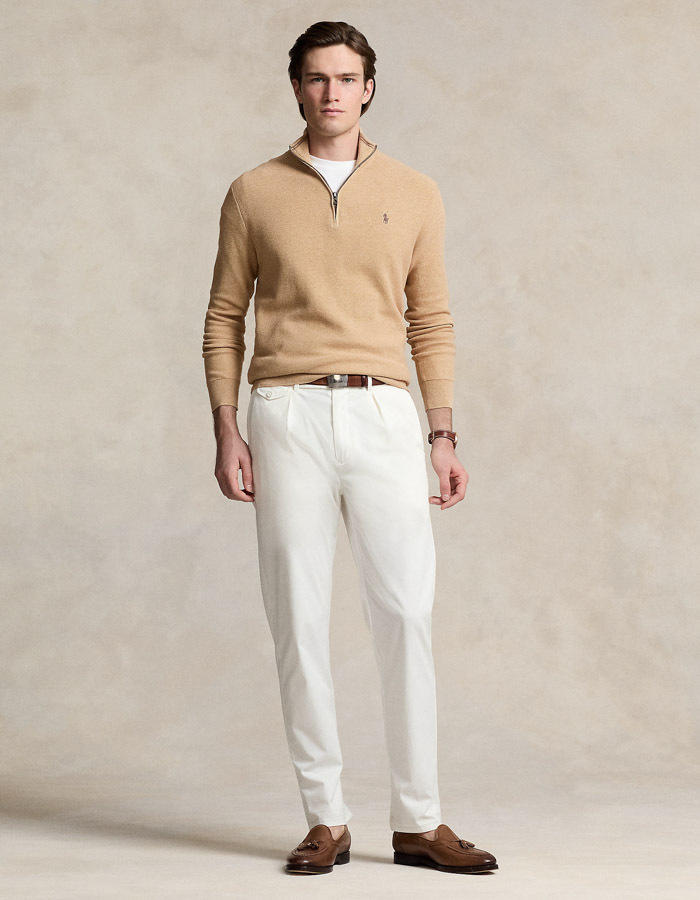 Quarter-Zip Mesh Knit Sweater in Camel Melange – Regular Fit