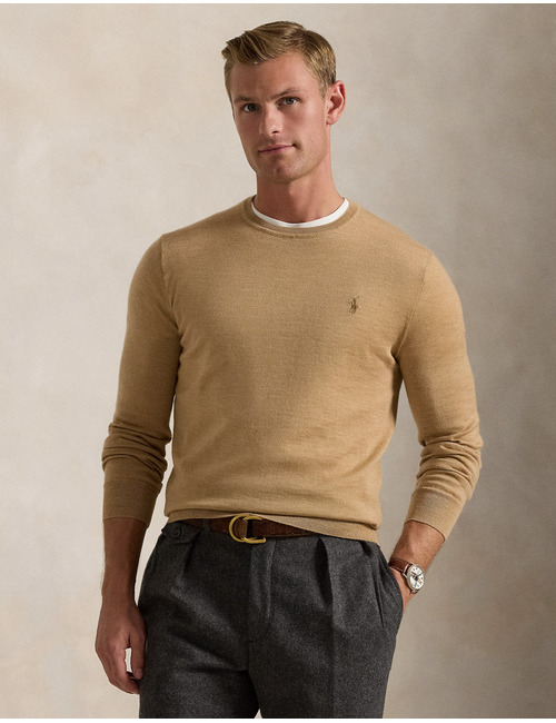 Slim Fit Crewneck Sweater in Camel Melange – Wasbare Italiaanse Wol