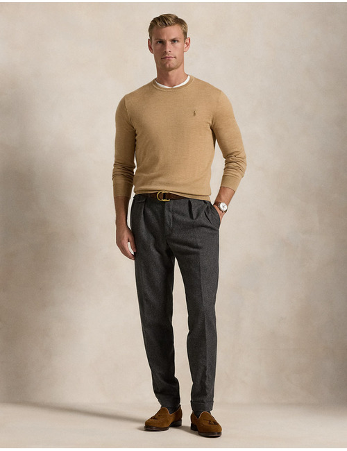 Slim Fit Crewneck Sweater in Camel Melange – Wasbare Italiaanse Wol