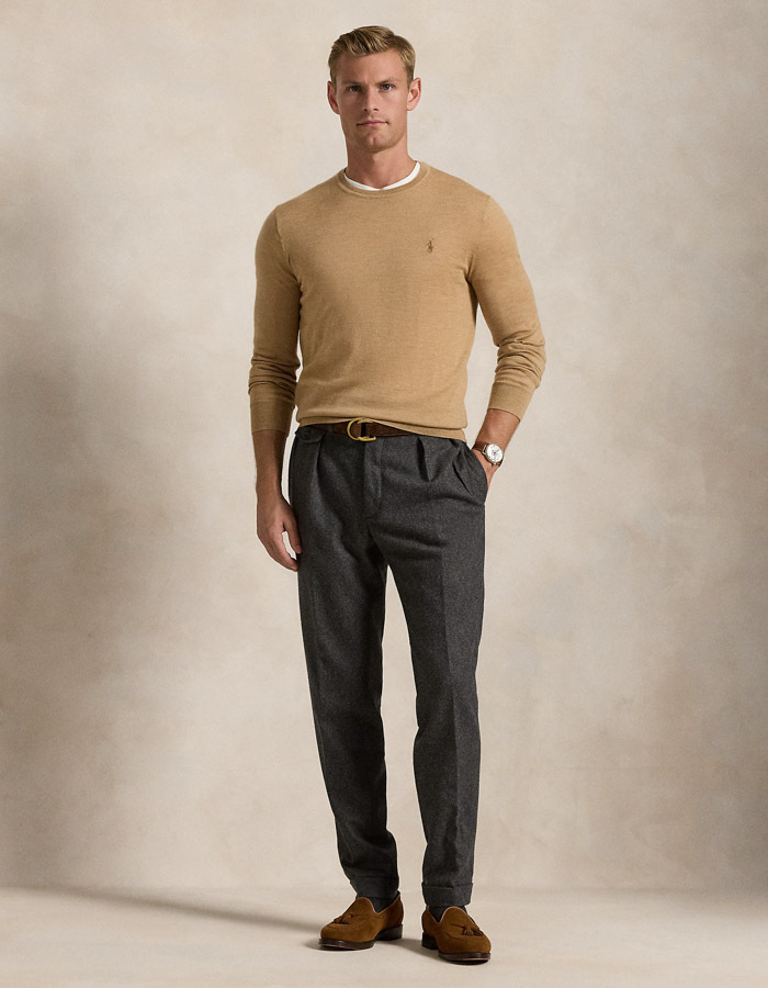 Slim Fit Crewneck Sweater in Camel Melange – Wasbare Italiaanse Wol