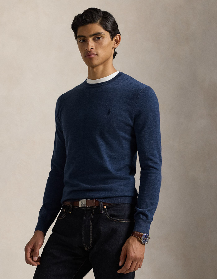 Slim Fit Crewneck Sweater in Rustic Navy Heather – Wasbare Italiaanse Wol