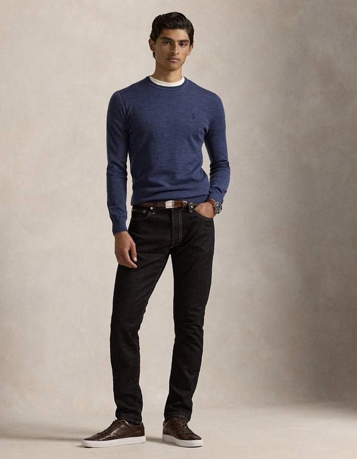Slim Fit Crewneck Sweater in Rustic Navy Heather – Wasbare Italiaanse Wol