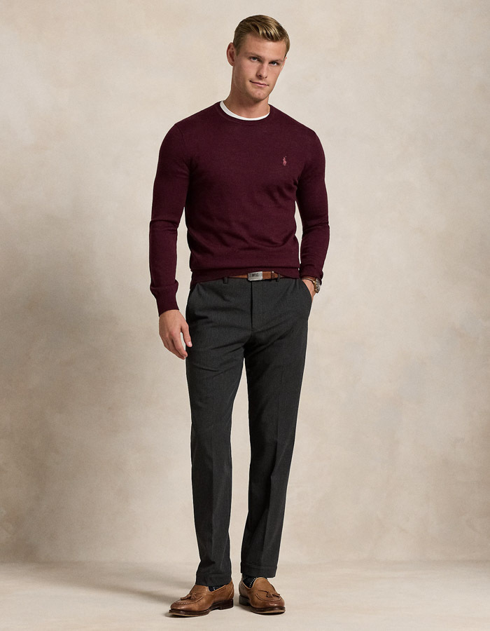 Slim Fit Crewneck Sweater in Aged Wine Heather – Wasbare Italiaanse Wol