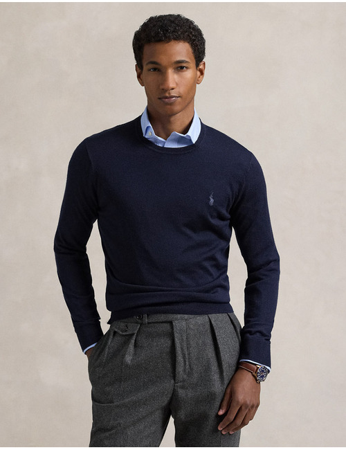 Slim Fit Crewneck Sweater in Hunter Navy – Wasbare Italiaanse Wol