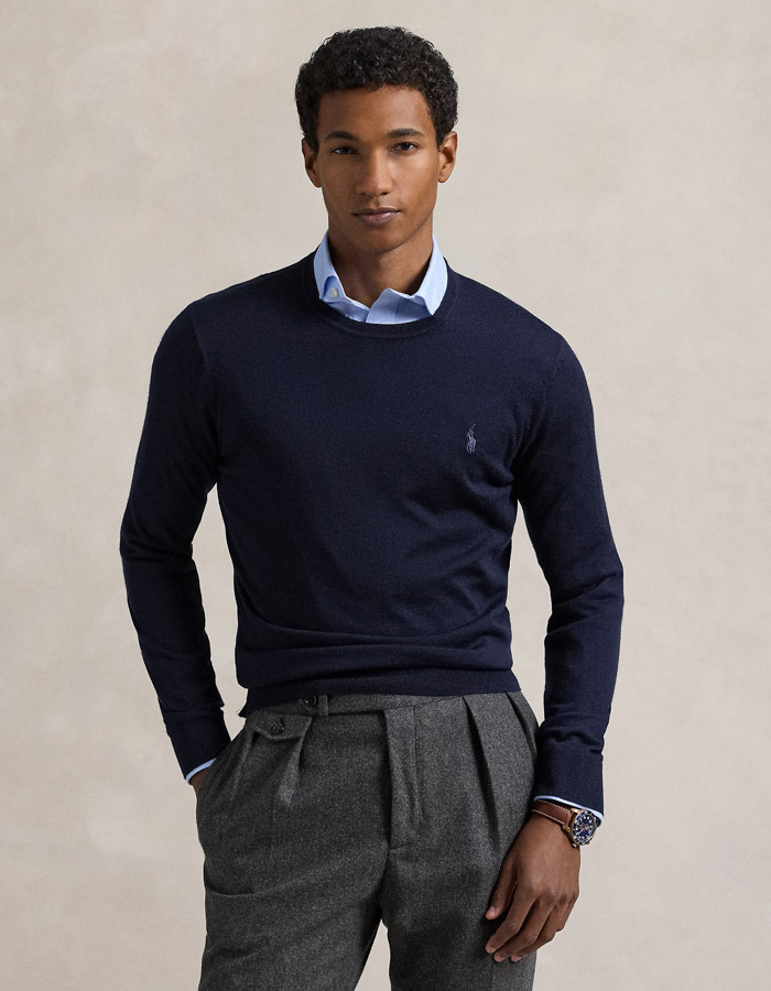 Slim Fit Crewneck Sweater in Hunter Navy – Wasbare Italiaanse Wol