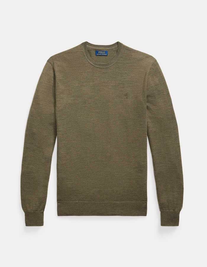 Slim Fit Crewneck Sweater in Cargo Olive Heather – Wasbare Italiaanse Wol