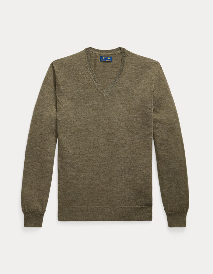 Slim Fit V-Neck Sweater in Cargo Olive Heather – Wasbare Italiaanse Wol