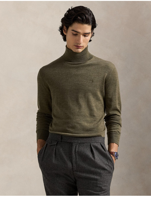 Regular Fit Turtleneck Sweater in Cargo Olive Heather – Wasbare Italiaanse Wol