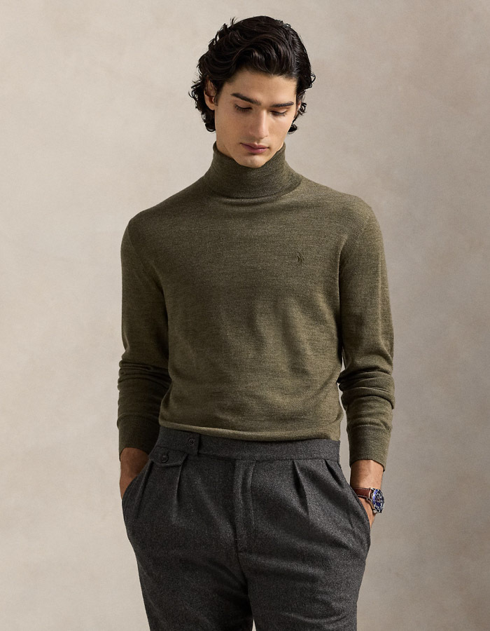 Regular Fit Turtleneck Sweater in Cargo Olive Heather – Wasbare Italiaanse Wol